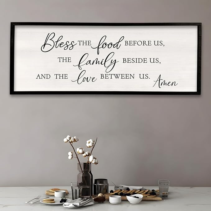 Surfapans Bless the Food Before Us Wall Decor, 40"X15" Farmhouse Dining Room Family Kitchen Sign, Christian Bible Verse Scripture Vintage Home Framed Wood Wall Art (Black)