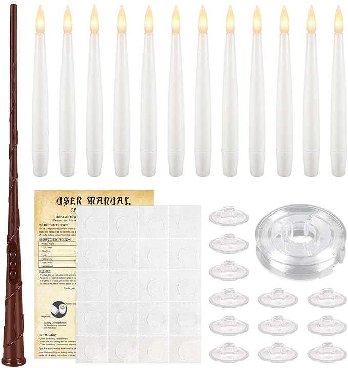 12White Flameless Floating Candles with Wand Remote, Magic Hanging Candles with String, Taper Candle Flickering Flameless Light Halloween Candles for Halloween Christmas Birthday Party Decor.