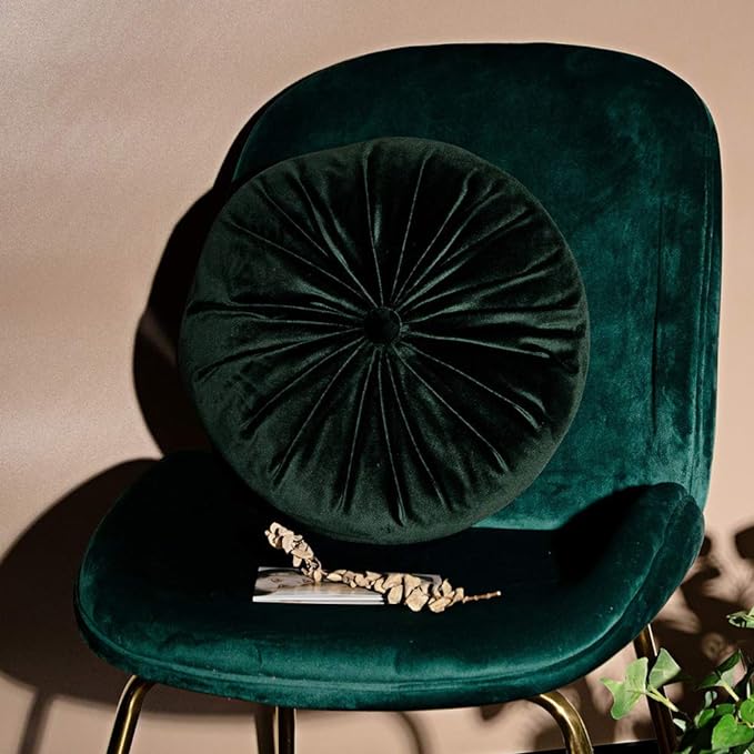 vctops Round Velvet Solid Color Chair Cushion Pumpkin Pleated Throw Pillow Home Decorative Floor Pillow Diameter 15" Dark Green