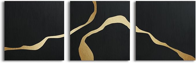 3-Piece Black Abstract Canvas Wall Art Set, Modern Minimalist Wall Decor | Textured Oil Painting Triptych for Living Room Bedroom Office Dining Room, Contemporary Hand-Painted Wall Art,30x30 In Each