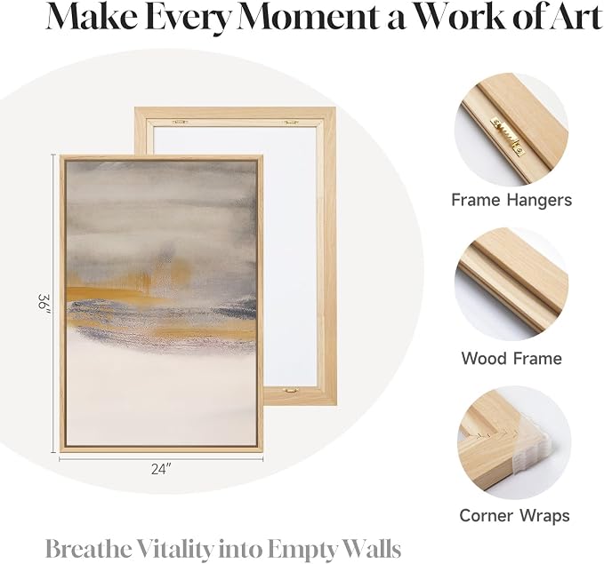 Framed Large Neutral Abstract Wall Art, Set of 3 Canvas Modern Prints Paintings, Minimalist Landscape Beige Gray Picture Artwork Decor for Living Room Bedroom Office 24x36 Inch