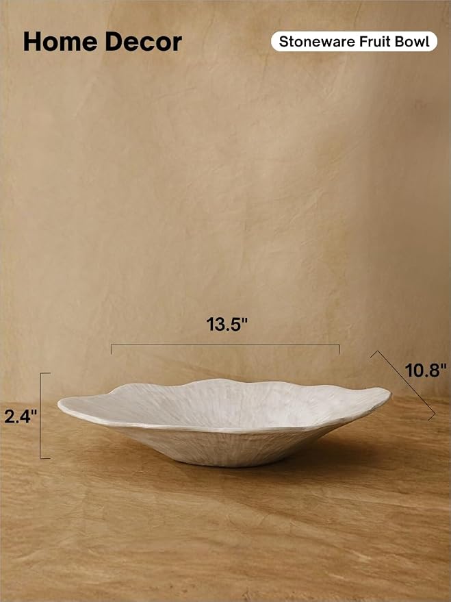 WENSHUO Stoneware Fruit Bowl for Kitchen Counter,Large Decorative Bowls for Home Decor,Handmade Perfect Centerpiece for Table, Island,or Counter,Veil Grey Color Reactive Glaze 13.5" L × 10" W