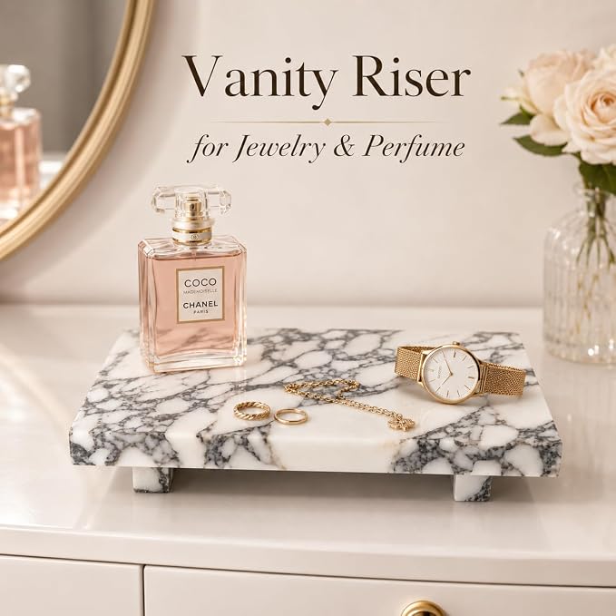 Marble Pedestal Tray for Perfume, Jewelry & Vanity Organizers | 9.84 in Calacatta Viola Stone Decorative Tray for Bathroom Counter Decor and Dresser Display