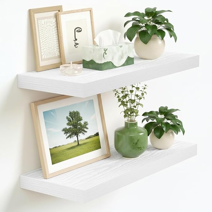 Vivelove White Floating Shelves, 16 Inch Wall Display Shelves for Bathroom Living Room Kitchen Bedroom Office Farmhouse Home Decor, 16" X 9.3" X 1.5" - Set of 2, White