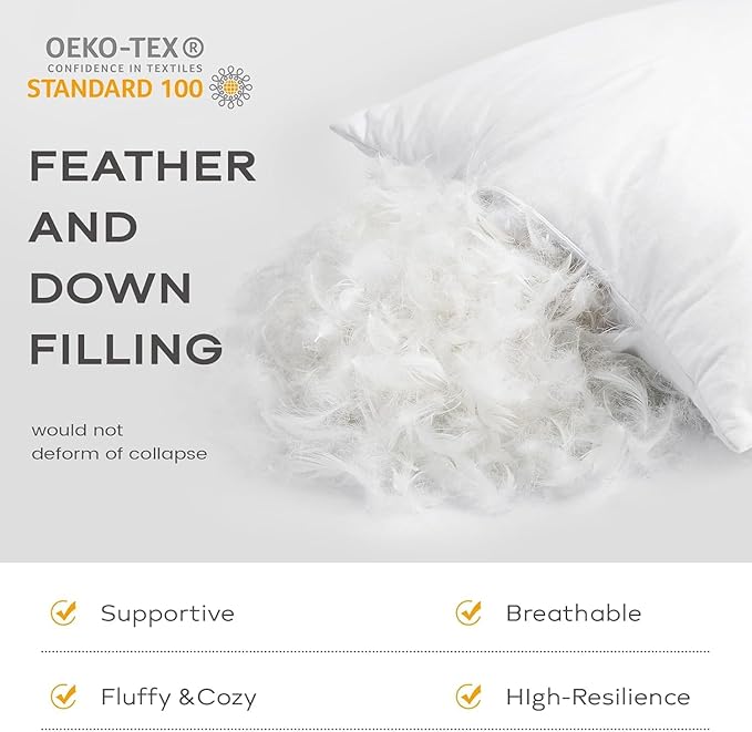 SAVORI 16x24 Lumbar Pilow Insert, Set of 2 Down Feather 16x24 Euro Pillow Inserts, Soft Fluffy Sleeping Pillow with 100% Cotton Cover, Decorative Throw Pillows for Couch Sofa Bed-White