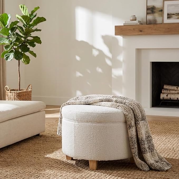 HomePop 24" Large Round Storage Ottoman - Cream Boucle