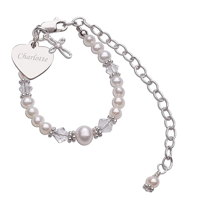 Cherished Moments Personalized Baptism to Bride Cross Bracelet Gift for Girls with Engraved Heart in 925 Sterling Silver and Cultured Pearl