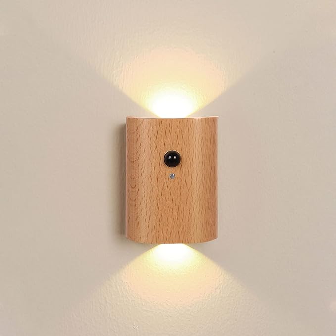 LANDGOO 1-Pack Wood Step Light with Motion Sensor, Rechargeable Stair Night Light, Beech Wood 2700K Warm White LED Wall Lamp, Easy No-Wire Installation for Hallway Bedroom