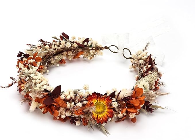 Preserved Dried Flower Crown,Burnt Orange Terracotta Cream, Rustic Wedding Wreath Headband for Brides Bridesmaids Maternity Family Photography