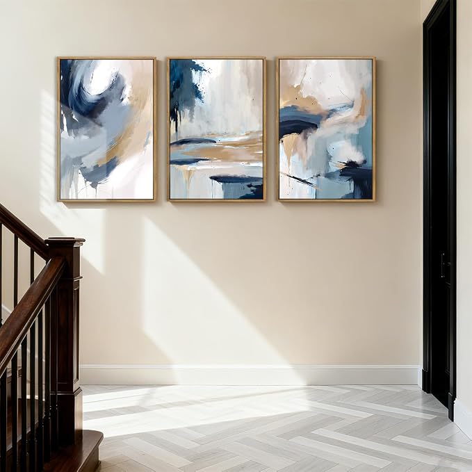 Anyzal Extra Large Blue Abstract Wall Art Framed 24x36 Inch Neutral Modern Canvas Wall Decor Minimalist Pastel Artwork for Living Room Bedroom Dining room Set of 3