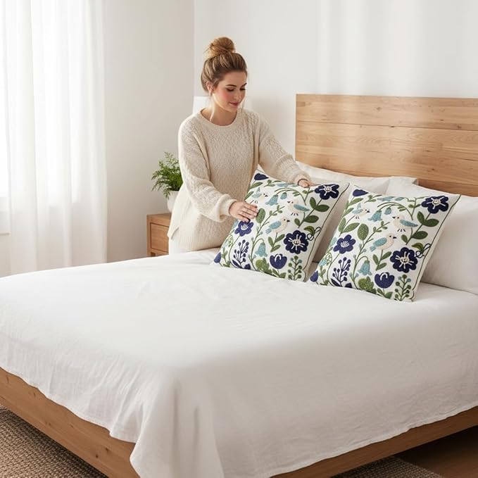 Spring Embroidered Pillow Covers 18x18 Pack of 2 Birds Throw Pillow Covers Green Leaves with Floral Pillowcases Farmhouse Pillow Cushion Cases Square Navy Blue Flower Pillow Case Home Decor