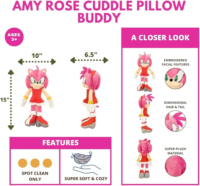 Sonic Amy Rose Girl Anime Kids Bedding Super Soft Plush Cuddle Pillow Buddy, One Size, (Officially Licensed Product) By Franco