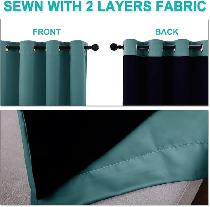 NICETOWN 100% Blackout Curtains with Black Liners, Sea Teal, 2 Panels, 62-inch W by 63-inch L, Thermal Insulated Full Blackout 2-Layer Lined Drapes, Energy Efficiency Window Draperies for Bedroom
