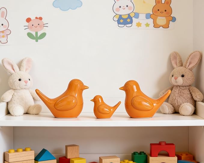 Small Orange Bird Statue Ceramic 2-Piece Set, 3¾ inch Cute Knick Knack for Home Office Shelf Desk Decor