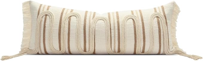 Beige Boho Lumbar Pillow Cover 14x36 with Handmade Drawn Work | Modern Farmhouse Long Lumbar Decorative Pillows Cushion Case for Bed Couch Accent Decor