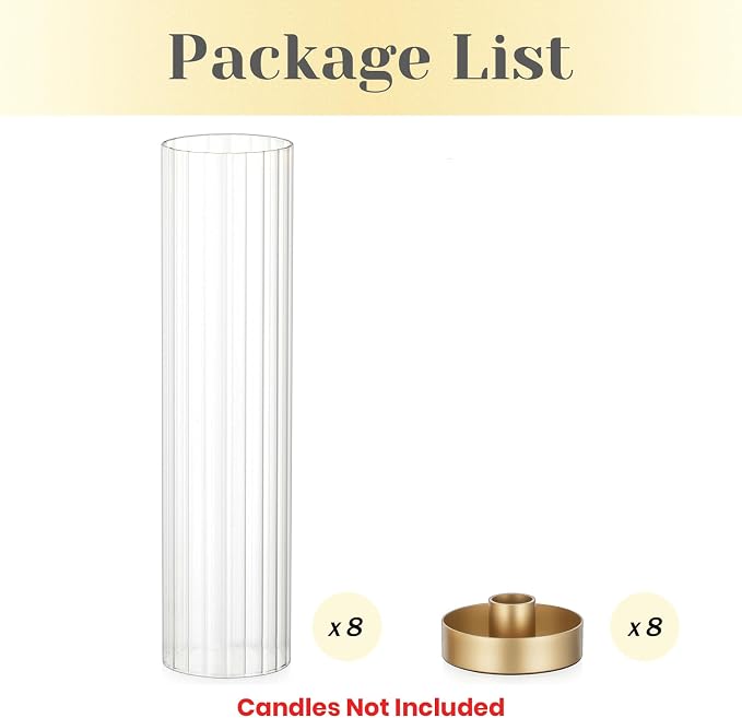 Hewory Hurricane Glass Candle Holders: Set of 8 Gold Candlestick Holders with 11" Tall Clear Cylinder Hurricane Cover, Taper Candle Holder for Wedding Table Centerpiece Party Christmas Home Decor