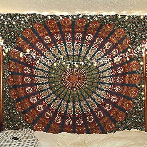 Bless International Handmade Indian hippie Bohemian Psychedelic Peacock Mandala Wall hanging College Dorm Beach Throws Table Cloth Bedding Tapestry (Golden Green, King(88x104Inches)(225x265Cms))