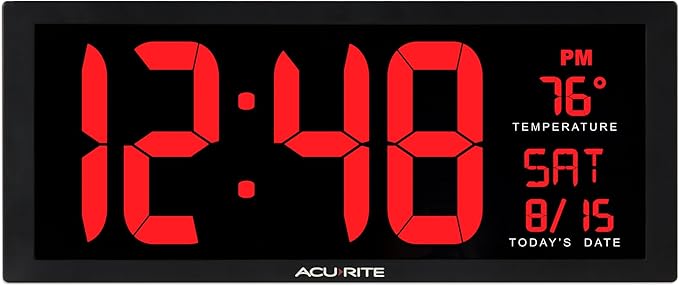 AcuRite 14.5" Large Digital LED Oversized Wall Clock with Date and Temperature, Perfect for Home or Office (75127M), Red