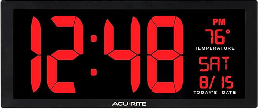AcuRite 14.5" Large Digital LED Oversized Wall Clock with Date and Temperature, Perfect for Home or Office (75127M), Red