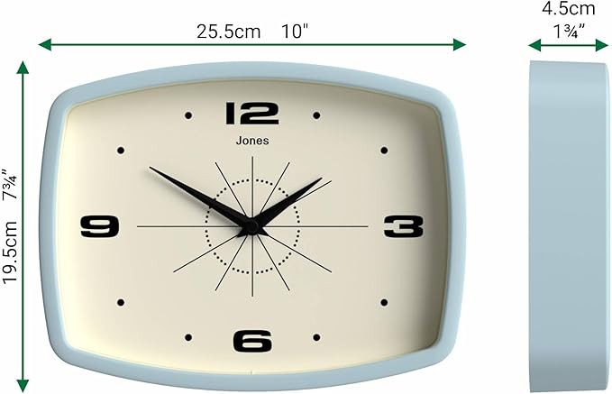 JONES CLOCKS® Movie wall Clock | Retro Rectangular Clock | 10 inch | Pale Blue | Cool mid-Century Designer Look for Kitchen, Living Room or Office