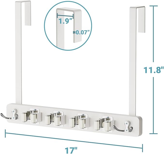HULISEN Broom Holder Door Mount, Over the Door Broom and Mop Holder with 0.6" Thick Pads, Wood Mop Organizer Tool Hanger with 4 Racks & 2 Hooks for Laundry Cabinet Kitchen Garage, No Drills