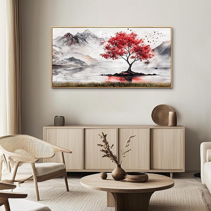 QIYILEXWART Wood Framed Canvas Wall Art For Living Room Wall Decor For Bedroom Office Wall Decorations Red Tree Painting Farmhouse Pictures Artwork Room Aesthetic Home Decor