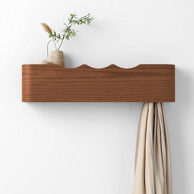 Coat Rack Wall Mount with Hidden Hooks, Wall Hooks with Shelf, Wall Key Holder Mount Wooden Shelf Entryway Hooks for Bedroom Bathroom for Hanging Coats Hats Bags Towels (Walnut Wave-Shape, 4 Hooks)