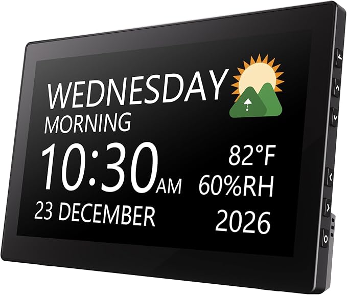 Raynic Digital Clock, 10.1 Inch Large Display Calendar Clock with 12 Themes, 20 Alarms, 20 Reminders, Auto Dimming, 12/24 Hours, Indoor Temperature, Humidity for Seniors, Desk (Black)