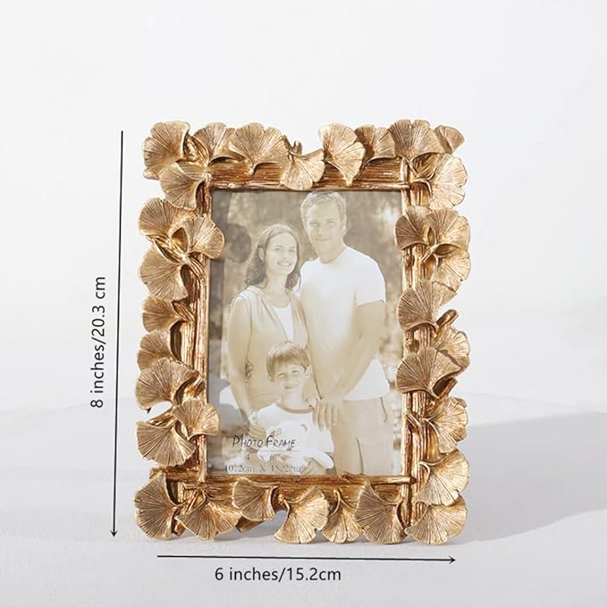 JOSON Vintage Photo Frame, Ginkgo Biloba Resin Gold Frame for Desktop Display and Wall Mount Home Decor (6 X8 Oblong)