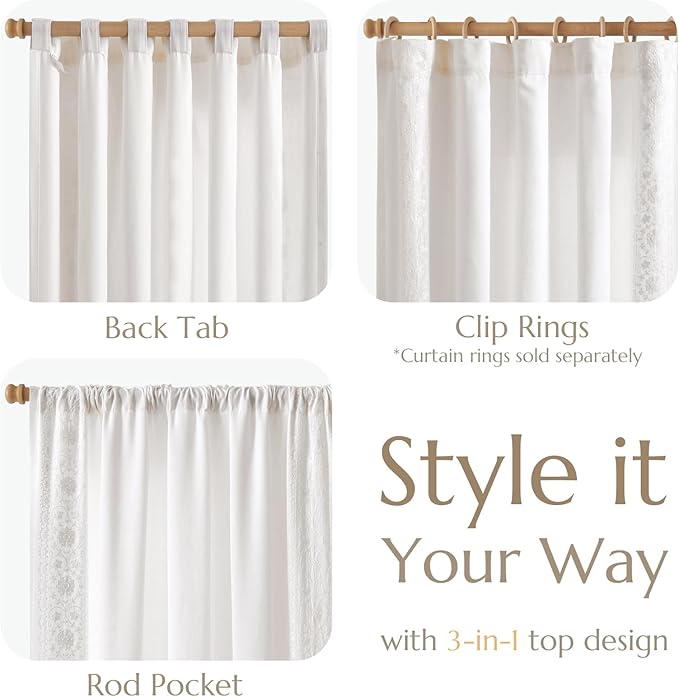 jinchan Weslie White Curtains for Bedroom Boho Vintage Floral Farmhouse Curtains 96 Inches Long Lined Linen Drapes for Living Room Embroidered Drapes Off White 2 Panels