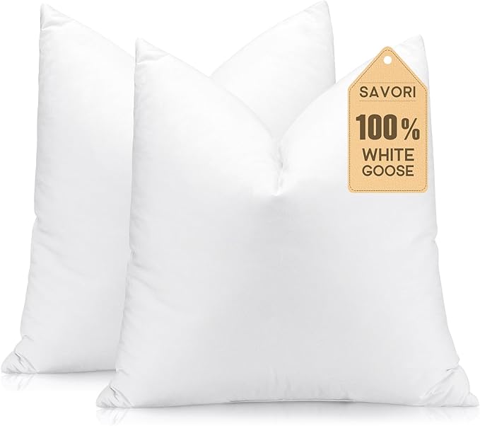 SAVORI Set of 2 Down and Feather Throw Pillow Inserts 20x20 Soft Fluffy Pillow Inserts with 100% Down-Proof Cotton Cover, Decorative Square Cushion Inner for Sofa Couch Bed-White
