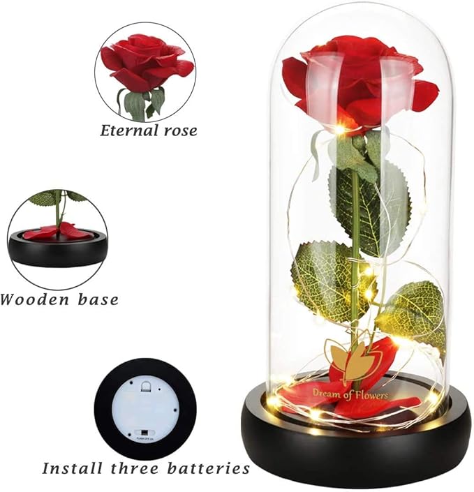 Beauty and The Beast Rose Birthday Gifts for Women, Valentine's Day Gifts for her, Eternal Rose Artificial Flower Light Up Rose in Glass Dome, Glass Roes Flower Gifts for Wife/Girlfriend