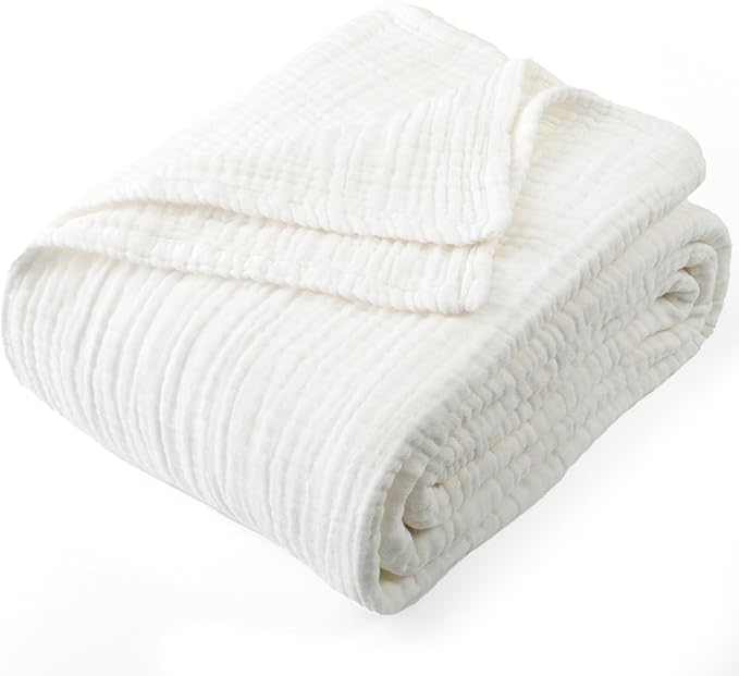 Carriediosa 100% Cotton Muslin Throw Blanket 90" X 90" Queen Size，4-Layers Summer Gauze Throws for Bed Couch，Soft Lightweight Breathable Linen Blankets Bedspread for Adults All Season，White