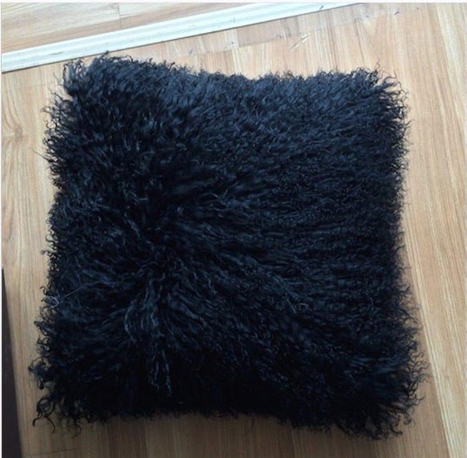 Seek4comfortable Real Tibetan Mongolian Lamb Sheepskin Wool Fur Super Soft Plush Leather Pillowcase Cushion Cover,Black, 18x18 inch