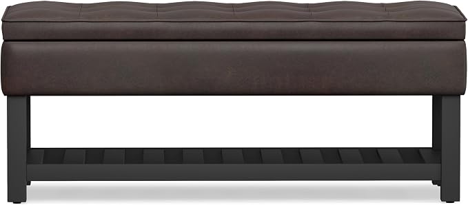 SIMPLIHOME Cosmopolitan Storage Ottoman Bench - 44 inch Wide Upholstered Vegan Leather Rectangle Storage Ottoman in Distressed Brown, Transitional Bench for Bedroom with Tufted Lift-Top and Open Shelf