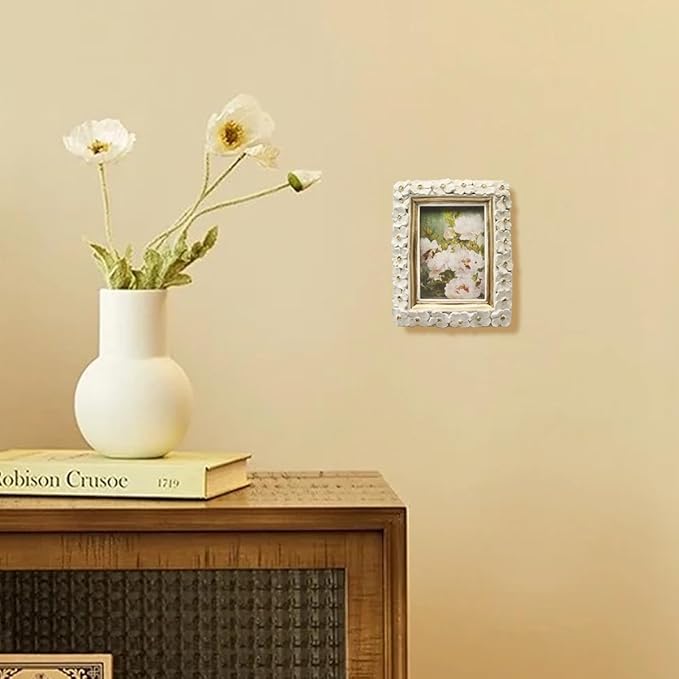 SYLVIA'S SHOP 2.5x3.5 Small Vintage Picture Frame, Mini Antique White Ornate Photo Frame, for Tabletop and Wall Display, Decorative Floral Design Retro Home Decor, Photo Gallery Art