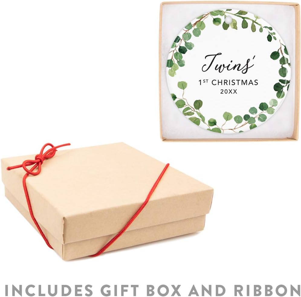 Andaz Press Custom Year Round Ceramic Porcelain Christmas Tree Ornament Keepsake Collectible Gift, Twins' 1st Christmas 2024, Farmhouse Eucalyptus Wreath, 1-PackTwin