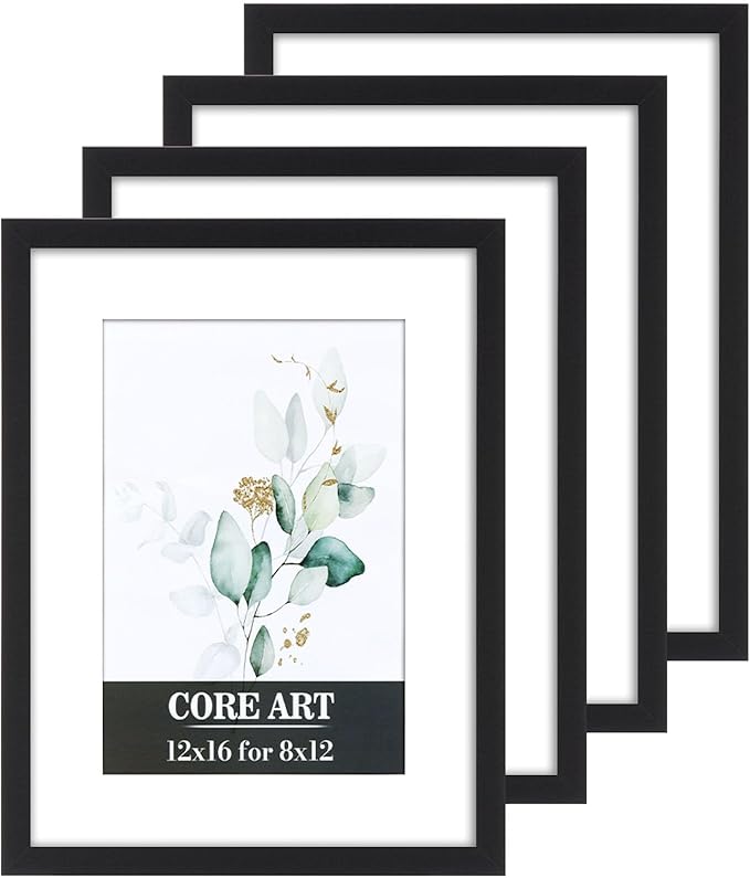 CORE ART 12x16 Frame, Black Picture Frames 8x12 with Mat or 12 x 16 without Mat, Wall Mount Gallery Poster Photo Frame Set of 4