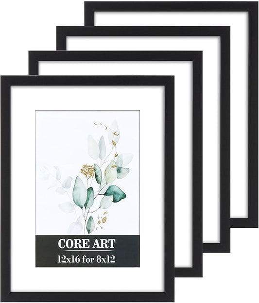 CORE ART 12x16 Frame, Black Picture Frames 8x12 with Mat or 12 x 16 without Mat, Wall Mount Gallery Poster Photo Frame Set of 4