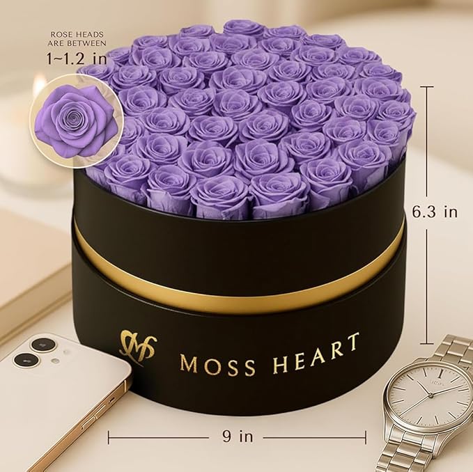 50 Petite Preserved Roses, Designer Round Box, Real Forever Roses Last 1+ Year, Premium Gift for Women, Wife, Girlfriend, Mother’s Day, Birthday, Anniversary, Valentine’s Day