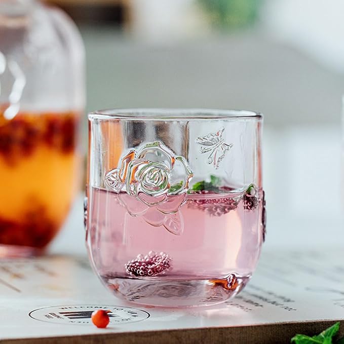 Pink Rose Flower Vintage Bedside Water Carafe and Glass Set, 15 oz Clear Glass Water Carafe with Tumbler for Bedroom Nightstand, Fruit Juice Milk Carafes, Mouthwash Decanter for Bathroom
