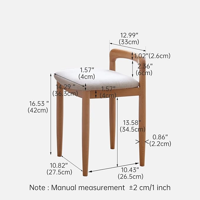 Vanity Stool-Natural Beech Wood Vanity Chair, Wooden Chair for Vanity with Upholstered Cushions for Living Room, Bedroom, White