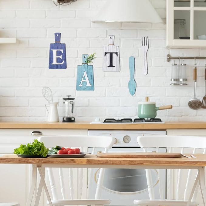 Jetec Cutting Board Eat Sign Set Hanging Art Kitchen Eat Sign Farmhouse Fork and Spoon Wall Decor Rustic Primitive Country Kitchen Decor for Home over Cabinet Decoration(Dark Blue, Light Blue, White)