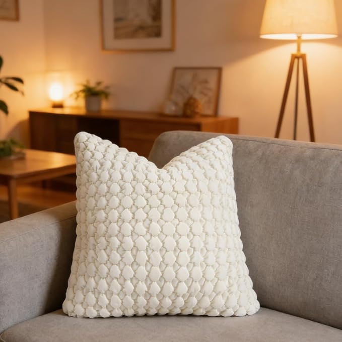 Pillow Cover 24x24 1 Piece Velvet Euro Sham Decorative Farmhouse Pillowcase Boho Square Cushion Covers Soft Bubble Texture for Couch Sofa Bed Bedroom Car Living Room，Cream