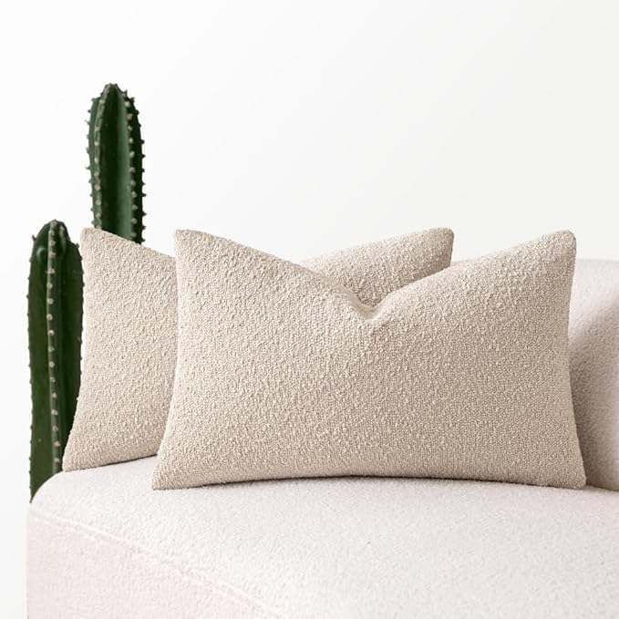 MIULEE 12x20 Inch Decorative Lumbar Pillow Covers for Bed Set of 2 Textured Boucle Neutral Throw Pillow Covers Oatmeal Accent Solid Pillowcases Sofa Living Room Home Decor