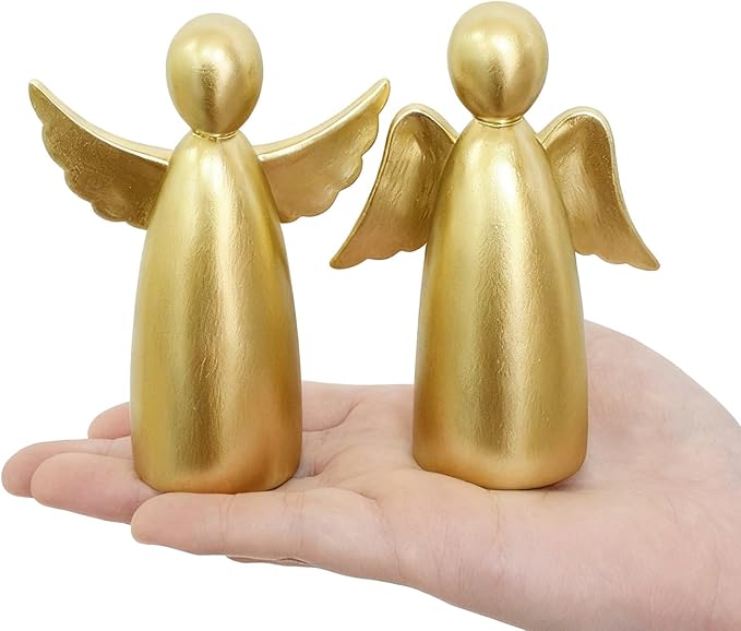 OwMell Set of 2 Cherubs Angels Resin Statue Figurine, Indoor Home Decoration, Adorable Angel Sculpture Memorial Statue 4" - Minimalist Gold