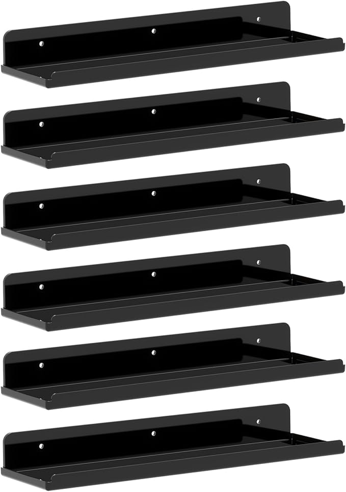 Lifewit Floating Shelves for Bathroom, 15" Acrylic Wall Organizer for Perfume, Makeup, Figures, Nail Polish, Photo, Book, Decor Display Rack for Nursery, Living Room, Bedroom, Kitchen, Black, 6 Pack