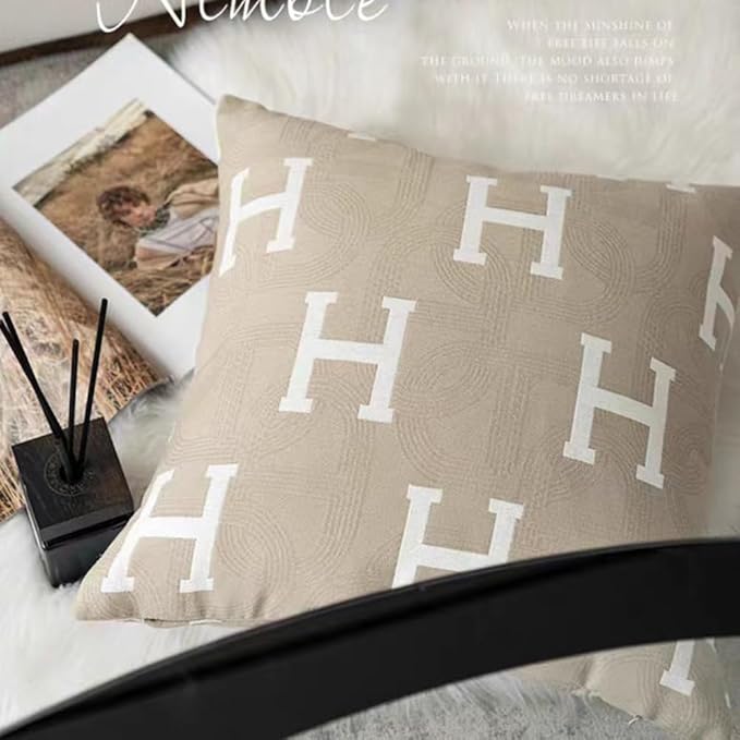 Croker Horse 20x20'' Inches Throw Pillow Cushion Cover - Beige H Letter Embroidery Modern Fashion Style Couch Sofa Pillow Cover for Living Room Bedroom