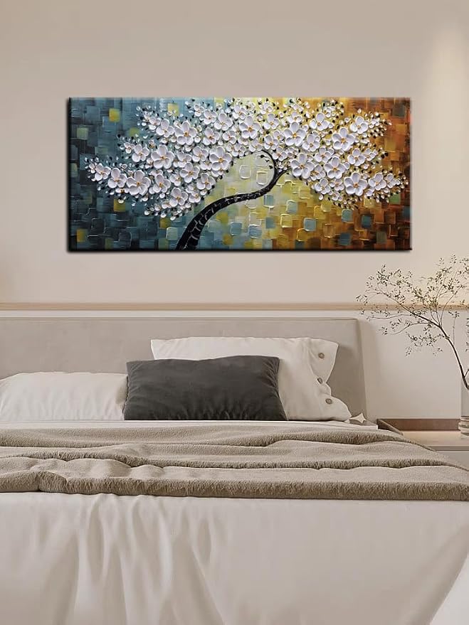 YaSheng Art - Large Canvas Wall Art ,100% Hand Painted Floral Wall Art Oil Painting , 3D Texture White Flower Artwork Paintings, Modern Home Bedroom Living Room Wall Decor ,Abstract Art Painting, Framed Wall Art Pictures 30x60inch