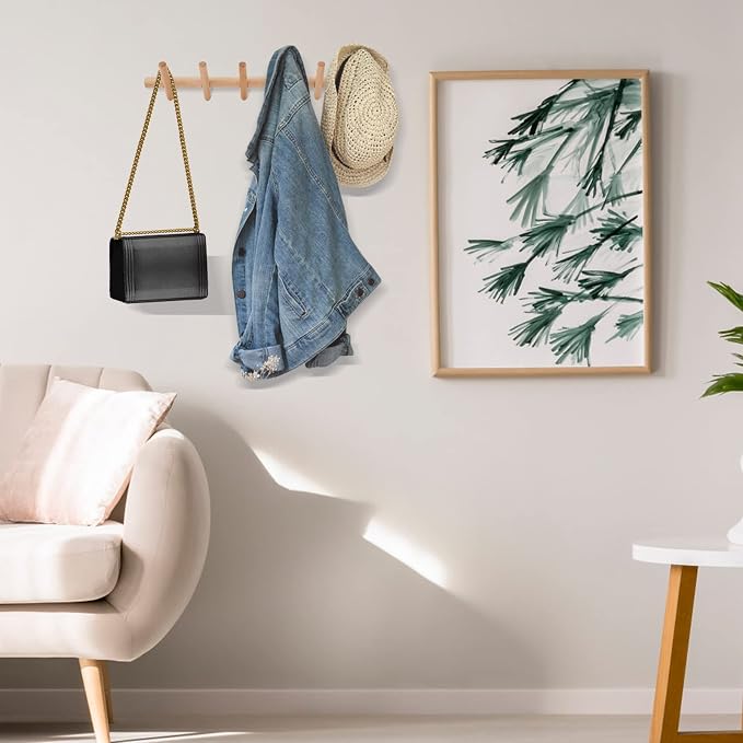 Modern Wood Coat and Hat Rack - Wall Mounted - 5 Peg Hooks - Stylish, Natural, Smooth